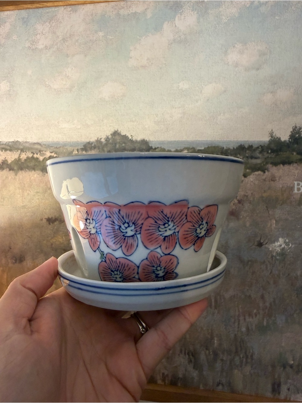 Hand-Painted Floral Ceramic Orchid Planter Pot - Pink and Blue